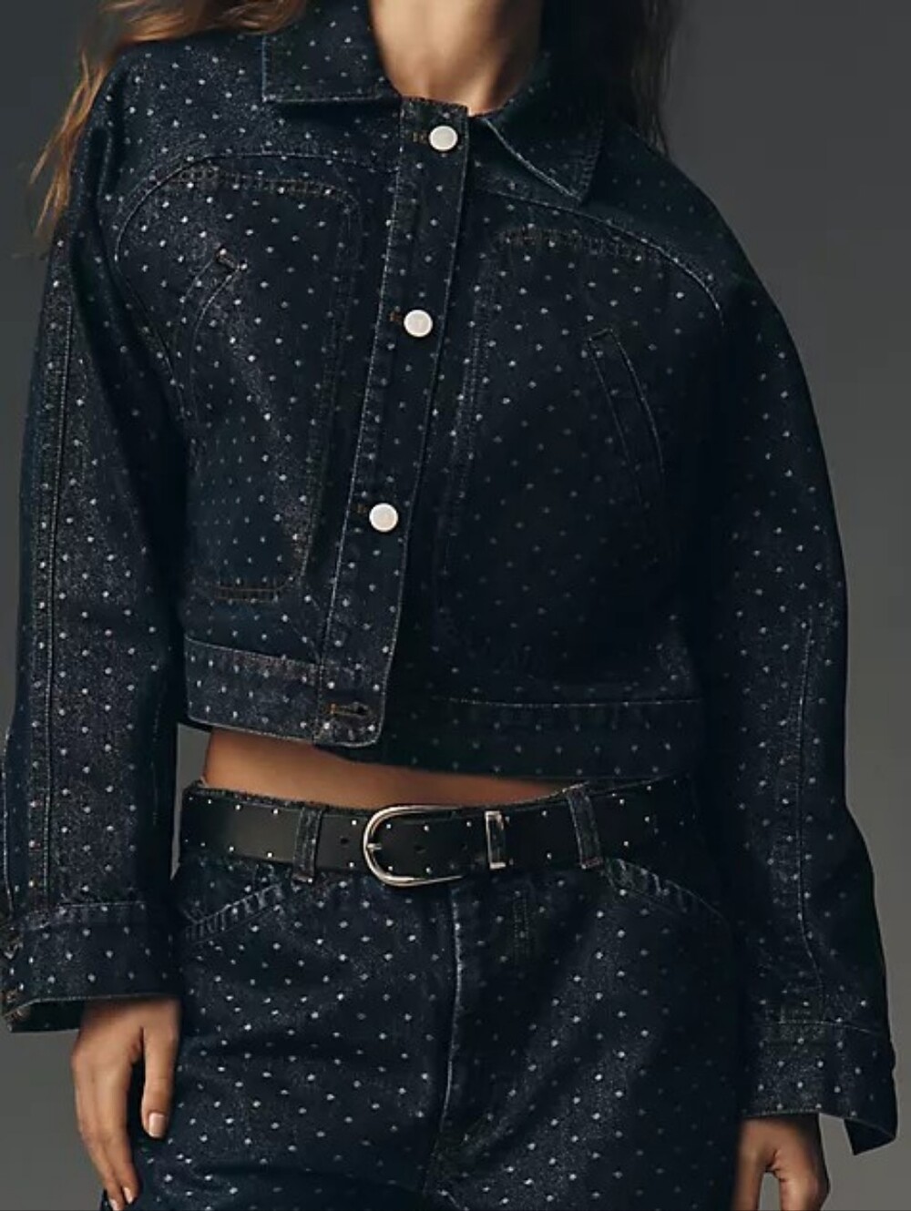 NWT Anthro Pilcro Lurex Polka Dot Dolman Denim Jacket XL